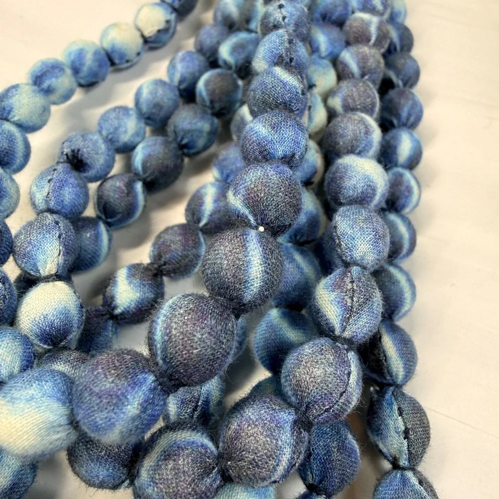 Indigo Blue Tie Dye Cloth Bead Multi Strand Statement Necklace Boho 5 Strand